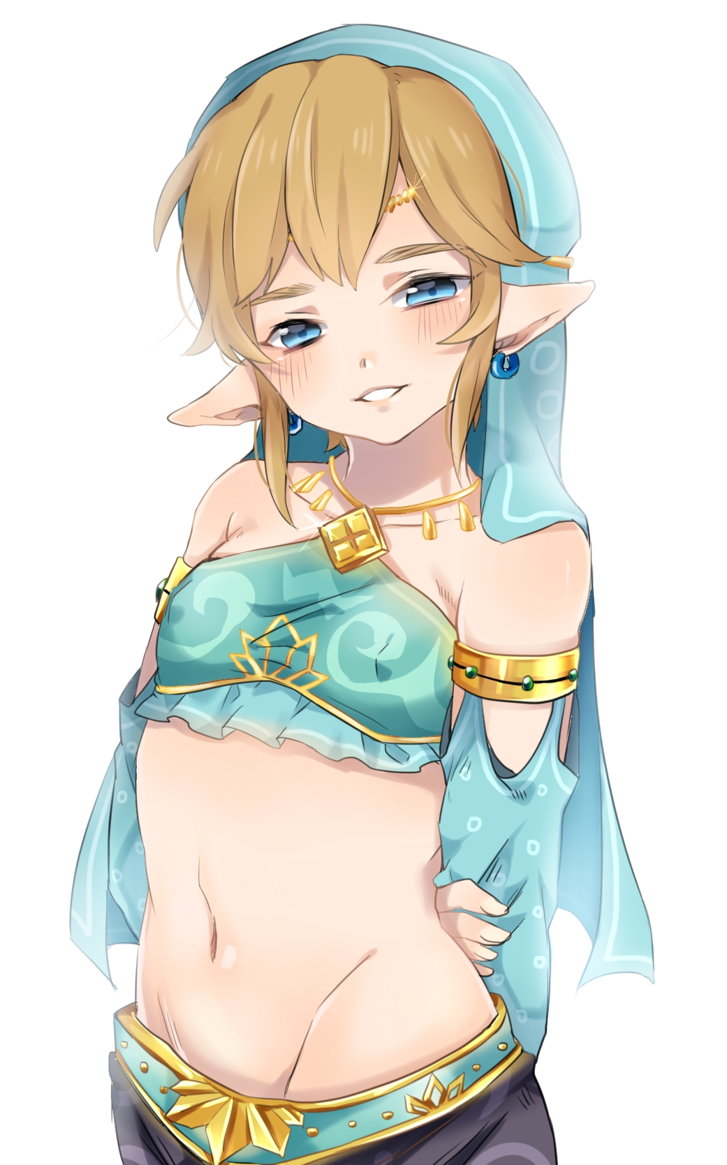 1boy armpits blonde_hair blue_eyes blush circlet crossdressinging earrings gerudo_link highres jewelry link male_focus midriff navel pointy_ears seitarou smile solo the_legend_of_zelda the_legend_of_zelda:_breath_of_the_wild trap