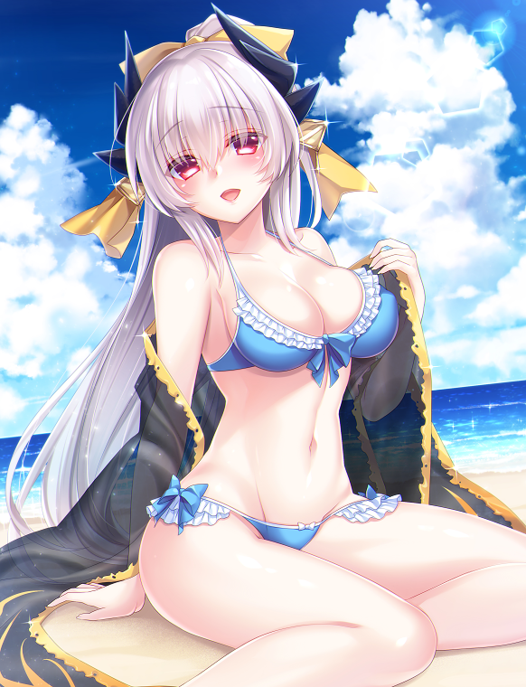 1girl arm_support bangs bare_shoulders beach bikini blue_bikini blue_sky blush bow bow_bikini breasts cleavage collarbone commentary_request day dragon_horns dutch_angle eyebrows_visible_through_hair fate/grand_order fate_(series) frilled_bikini frills front-tie_bikini front-tie_top groin hair_between_eyes hair_bow hair_ornament hand_up head_tilt horizon horns kiyohime_(fate/grand_order) large_breasts lavender_hair lens_flare long_hair looking_at_viewer navel ocean open_mouth outdoors red_eyes sand sanom see-through shawl shiny shiny_skin silver_hair sitting sky smile solo sparkle stomach swimsuit very_long_hair water white_bow yellow_bow yokozuwari