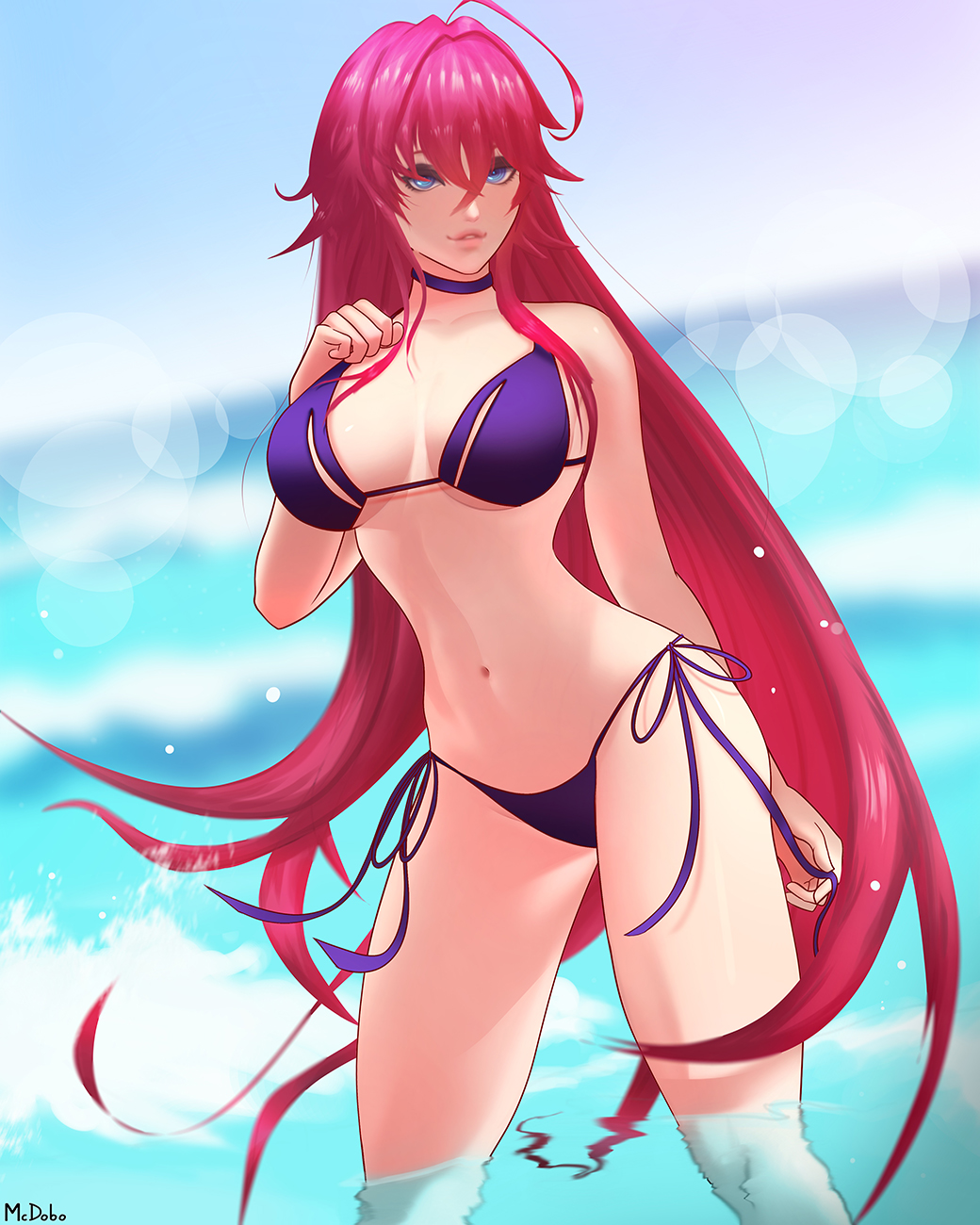 1girl ai-generated bikini blue_eyes blurry blurry_background breasts choker distortion high_school_dxd highres large_breasts long_hair looking_at_viewer mcdobo navel parted_lips partially_submerged purple_bikini redhead rias_gremory side-tie_bikini signature solo standing swimsuit water