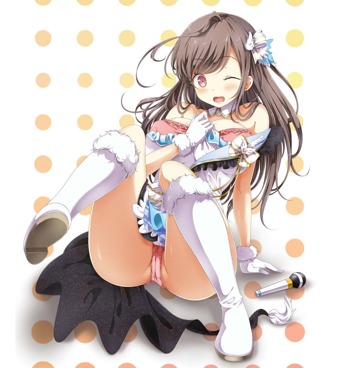 1girl arm_support bangs boots bra brown_eyes brown_hair crotch_seam detached_collar dress emoi_do eyebrows_visible_through_hair fallen_down frilled_dress frills fur-trimmed_boots fur-trimmed_gloves fur_trim gloves hair_ornament highres idolmaster idolmaster_shiny_colors knee_boots leaning_to_the_side light_frown long_hair looking_at_viewer microphone off_shoulder one_eye_closed open_mouth panties pink_bra pink_panties polka_dot polka_dot_background short_dress sitting sleeveless sleeveless_dress solo tassel thighs tsukioka_kogane underwear wardrobe_malfunction white_coat white_dress white_footwear white_gloves