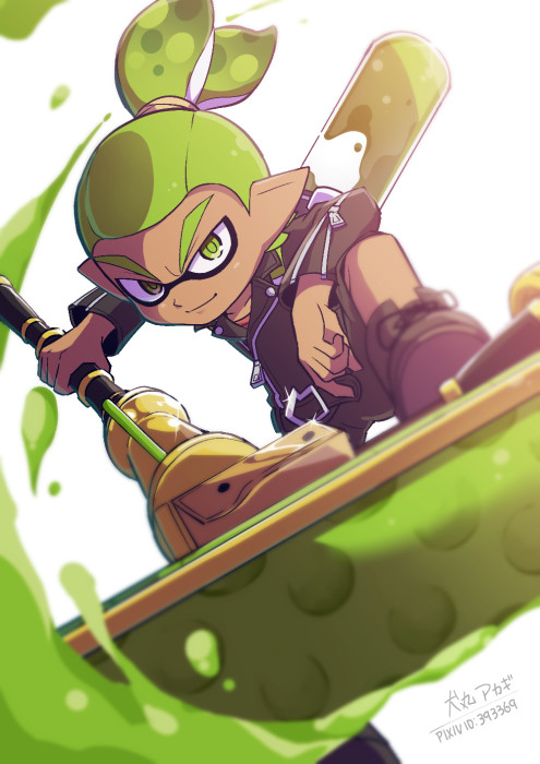 1boy artist_name bike_shorts black_footwear blurry_foreground boots closed_mouth commentary_request dark_skin dark_skinned_male domino_mask dynamo_roller_(splatoon) green_eyes green_hair holding holding_weapon ink_tank_(splatoon) inumaru_akagi jacket leather leather_jacket leg_up long_sleeves looking_at_viewer male_focus mask nail_polish pixiv_id pointy_ears rider-kun_(splatoon) scrunchie signature smile solo splatoon splatoon_(manga) standing standing_on_one_leg tentacle_hair topknot v-shaped_eyebrows weapon