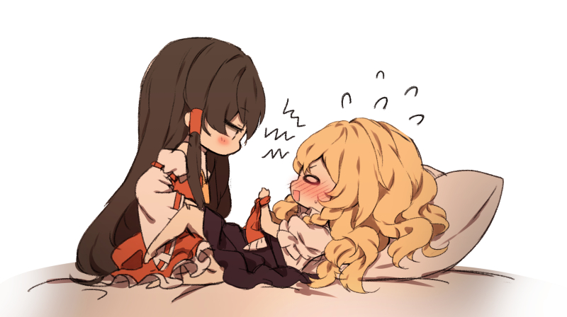 2girls angry bare_shoulders bdsm between_legs black_hair blank_eyes blonde_hair blush bound bound_wrists bow brown_hair chibi detached_sleeves expressionless flying_sweatdrops full-face_blush furrowed_eyebrows girl_on_top grabbing hair_bow hakurei_reimu headwear_removed kirisame_marisa large_bow long_hair lying multiple_girls o_o on_back pillow piyokichi skirt skirt_set square_mouth sweat touhou very_long_hair wavy_hair yuri