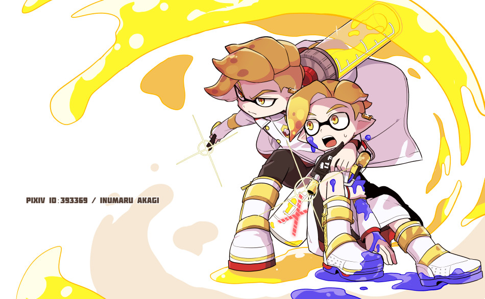 2boys arm_around_neck arm_grab artist_name black_pants black_shorts blonde_hair boots closed_mouth commentary_request domino_mask earrings emperor_(splatoon) foreshortening frown holding holding_weapon ink_tank_(splatoon) inkling inumaru_akagi jewelry long_sleeves looking_at_another male_focus mask multiple_boys open_mouth paint_splatter pants pixiv_id pointy_ears prince_(splatoon) protecting short_hair shorts sitting sparkle splat_dualies_(splatoon) splatoon splatoon_(manga) standing sweatdrop weapon white_coat white_footwear yellow_eyes