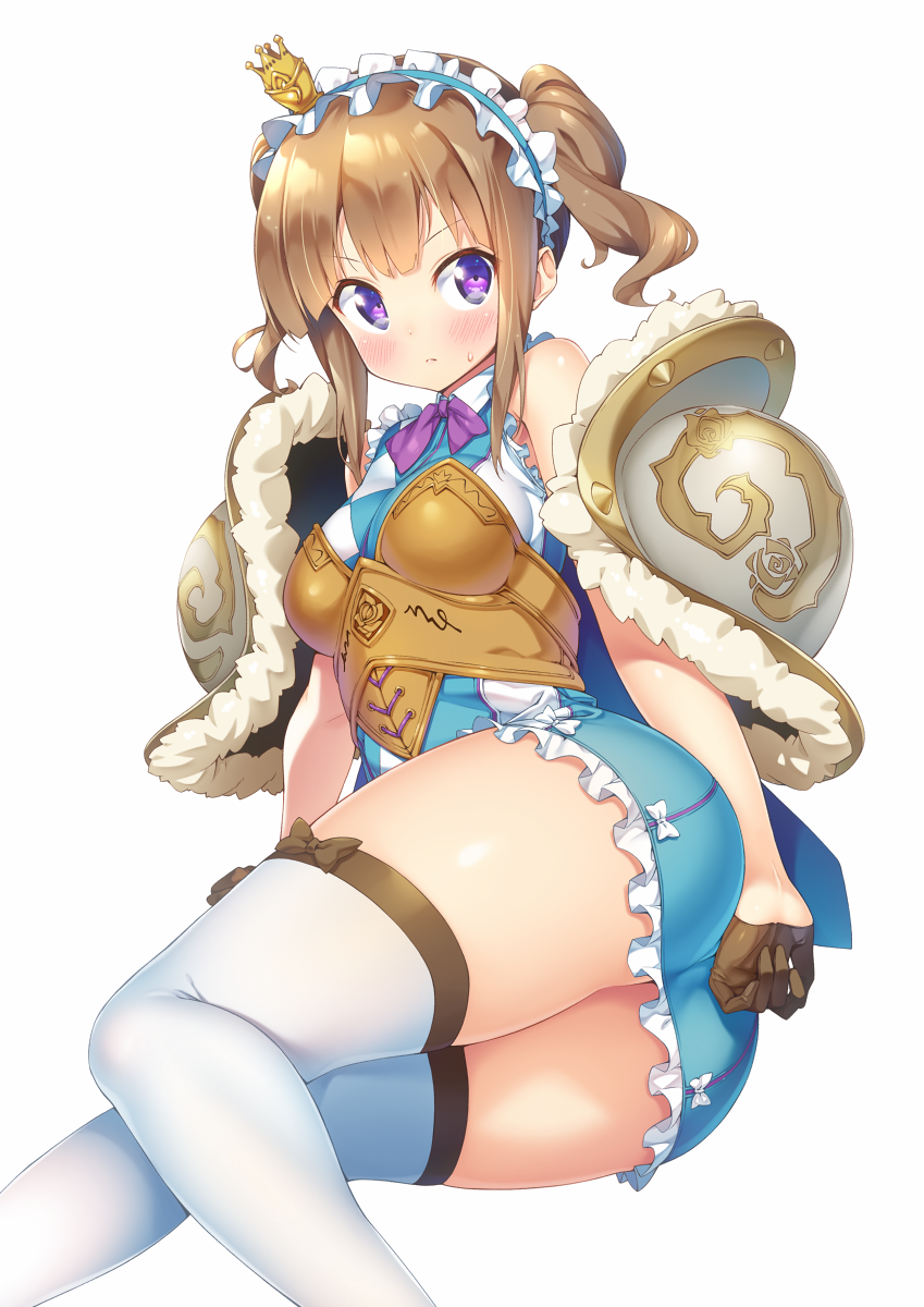 1girl armor ass bare_shoulders blush brown_gloves brown_hair commentary frown fur_trim gloves half_gloves headdress heart heart-shaped_pupils highres ichi_makoto last_period lisa_(last_period) looking_at_viewer simple_background solo symbol-shaped_pupils thigh-highs twintails violet_eyes white_background white_legwear