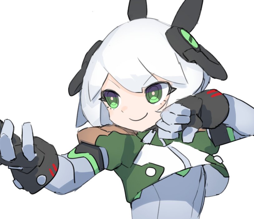 android cheri_zao crop_top fighting_stance fingerless_gloves gloves green_eyes headgear kung_fu original smile white_hair