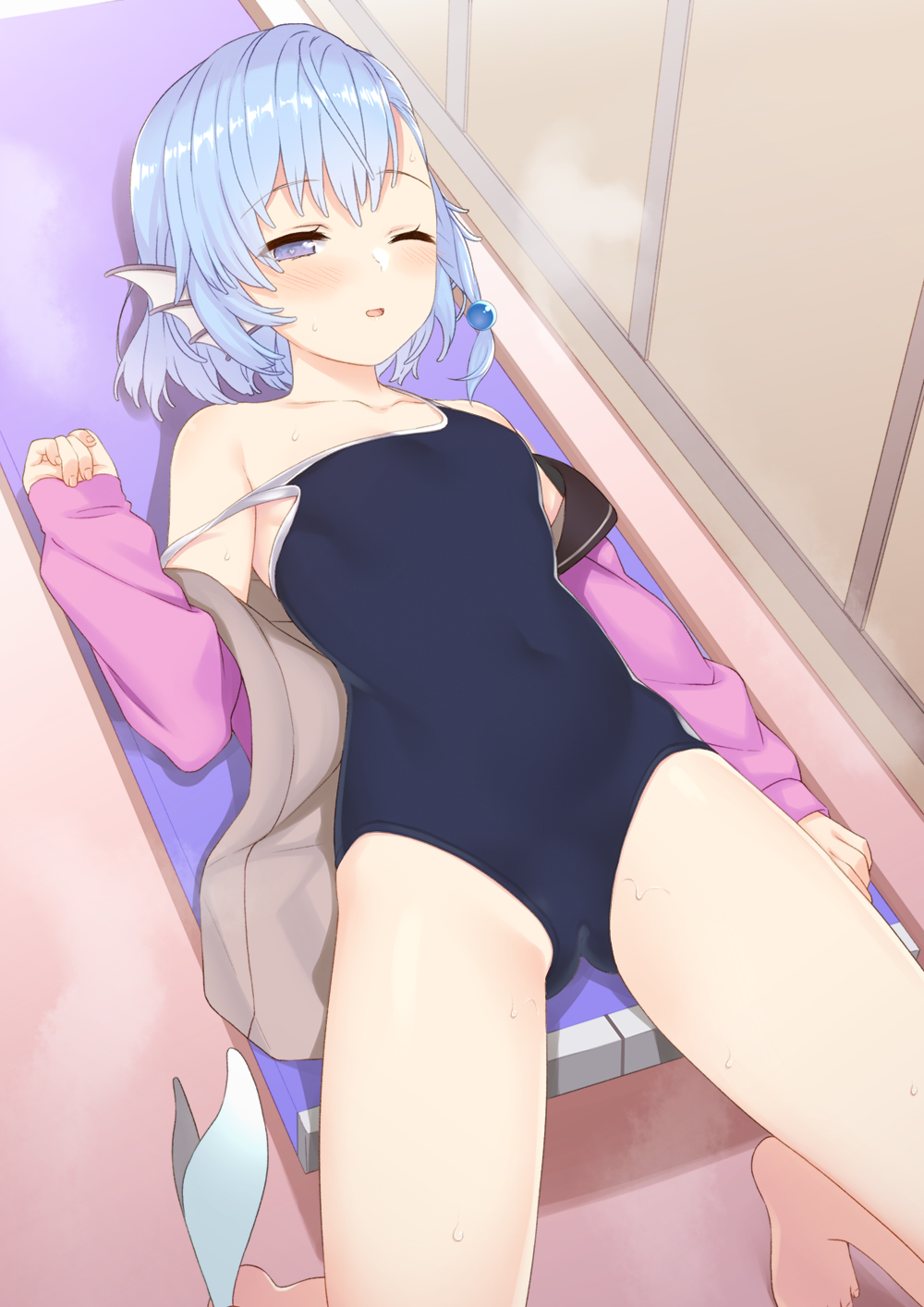 1girl ;d bangs blue_eyes blue_hair blush breasts changing_room closed_eyes collarbone covered_navel eyebrows_visible_through_hair head_fins highres indoors jacket looking_at_viewer lying on_back one_eye_closed open_clothes open_jacket open_mouth original school_swimsuit short_hair small_breasts smile solo strap_slip sweat swimsuit takunomi thighs
