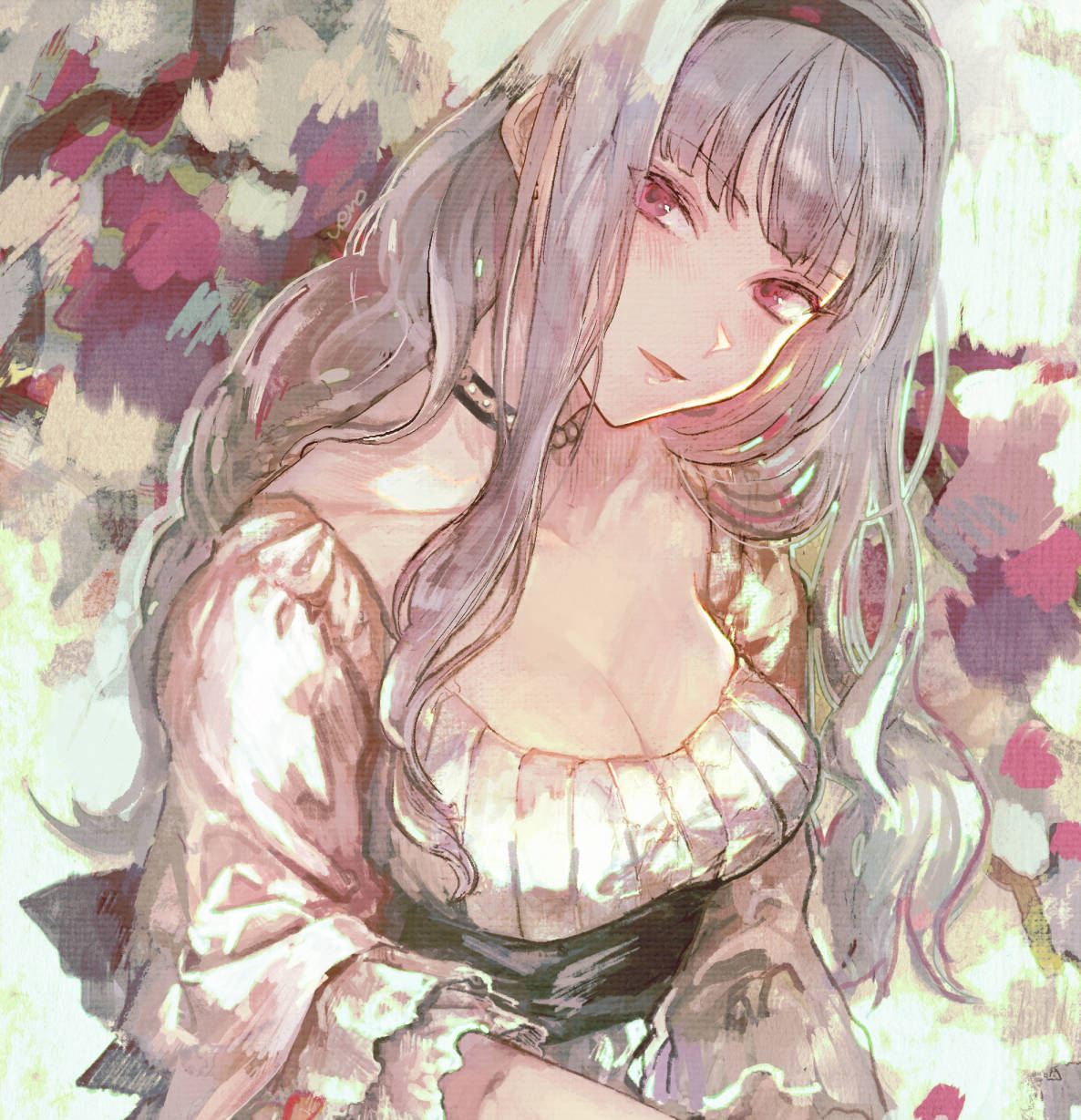 1girl blouse blush breasts cleavage collarbone eyebrows_visible_through_hair hairband head_tilt highres idolmaster idolmaster_(classic) jewelry long_hair looking_at_viewer medium_breasts necklace parted_lips pearl_necklace shijou_takane signature silver_hair solo ueno_zousui upper_body violet_eyes