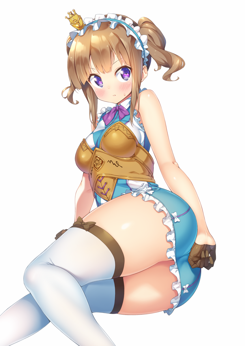 1girl armor ass bare_shoulders blush brown_gloves brown_hair frown gloves half_gloves headdress heart heart-shaped_pupils highres ichi_makoto last_period lisa_(last_period) looking_at_viewer simple_background solo symbol-shaped_pupils thigh-highs twintails violet_eyes white_background white_legwear