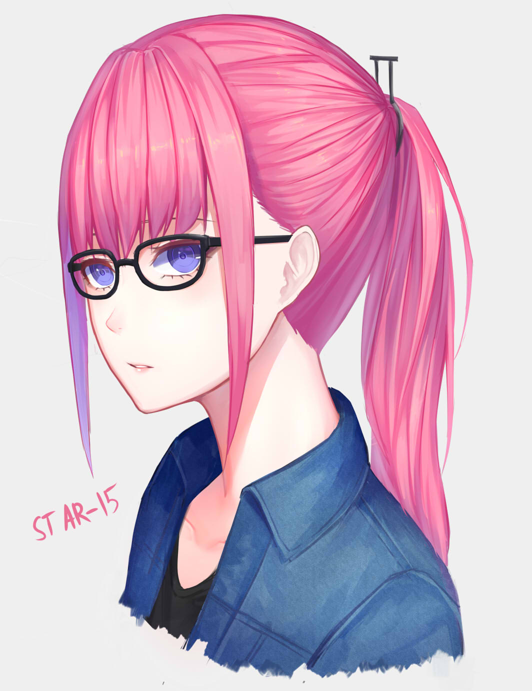 alternate_costume bangs blue_eyes character_name closed_mouth collared_jacket cropped_torso denim denim_jacket girls_frontline glasses hair_between_eyes hair_ornament highres hirein jacket long_hair looking_at_viewer multicolored_hair one_side_up parted_lips pink_hair ponytail shirt sidelocks solo st_ar-15_(girls_frontline) streaked_hair