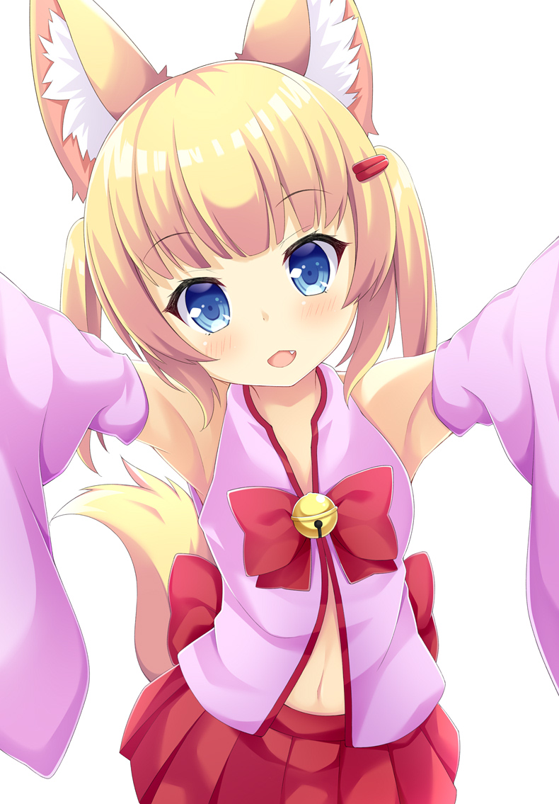 1girl :d animal_ears bare_shoulders bell blonde_hair blue_eyes blush bow commentary_request detached_sleeves fang fox_ears fox_girl fox_tail hair_ornament hairclip head_tilt jingle_bell kemomimi_oukoku_kokuei_housou long_hair long_sleeves looking_at_viewer maccha mikoko_(kemomimi_oukoku_kokuei_housou) navel open_mouth pleated_skirt red_bow red_skirt sidelocks simple_background skirt smile solo tail twintails virtual_youtuber white_background wide_sleeves