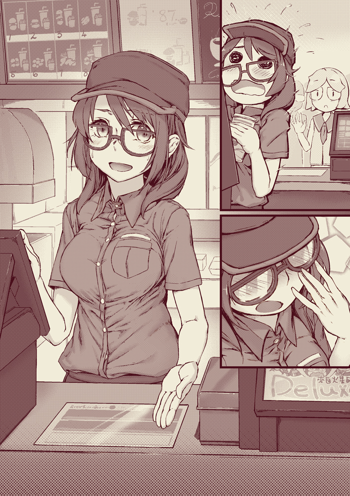 2girls @_@ adjusting_eyewear bangs baseball_cap blush breast_pocket breasts buttons cash_register cashier collared_shirt comic commentary counter dress_shirt employee_uniform eyebrows_visible_through_hair fast_food_uniform flying_sweatdrops glasses hair_between_eyes hand_up hat holding long_hair looking_at_another medium_breasts menu_board monochrome multiple_girls necktie number open_mouth original outstretched_hand pocket restaurant rotix school_uniform serafuku shirt shirt_tucked_in short_sleeves sidelocks silent_comic silhouette sleeveless standing surprised uniform wavy_hair window wing_collar