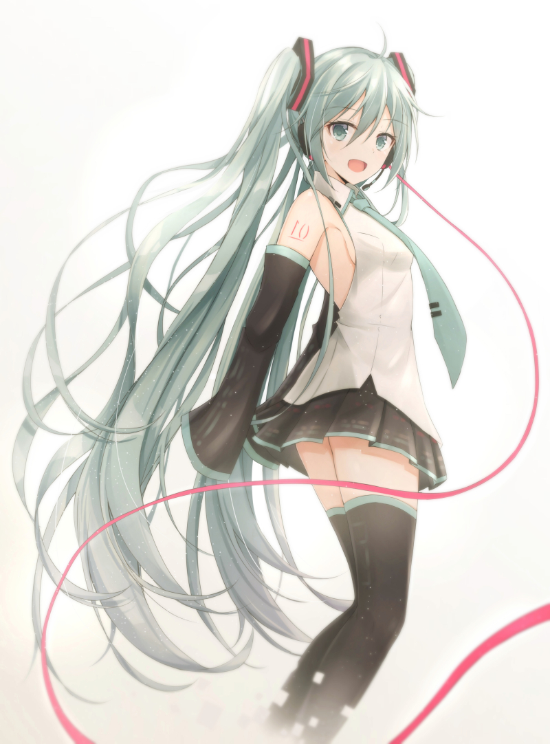 1girl :d akira_(been0328) aqua_eyes aqua_hair detached_sleeves from_side hair_between_eyes hatsune_miku headset long_hair looking_at_viewer necktie number_tattoo open_mouth skirt sleeves_past_wrists smile solo tattoo thigh-highs twintails very_long_hair vocaloid