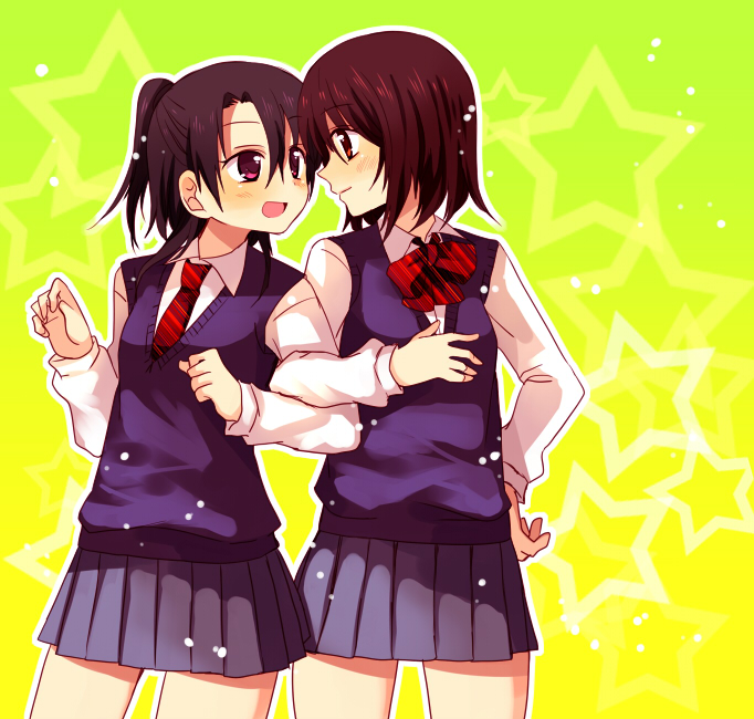 2girls bangs brown_eyes brown_hair closed_mouth eyebrows_visible_through_hair hachiko_(hati12) hair_between_eyes hand_on_hip locked_arms long_sleeves looking_at_another multiple_girls open_mouth pink_shirt pleated pleated_skirt purple_skirt red_neckwear school_uniform shirt short_hair skirt yellow_background yuri