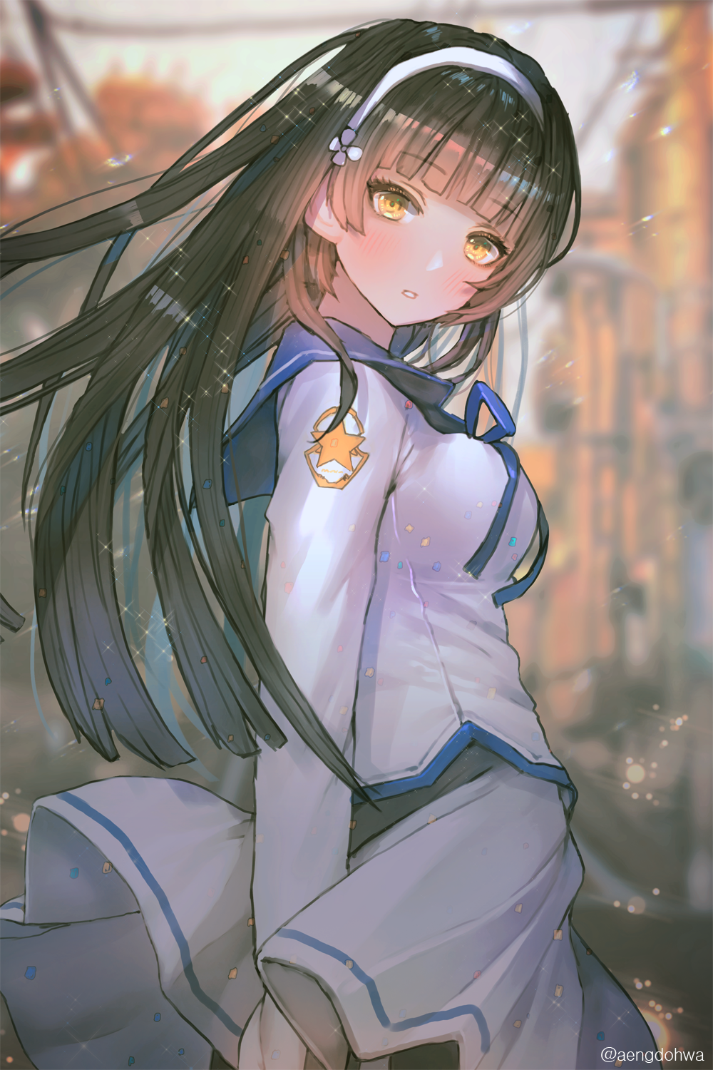 1girl alternate_costume arm_at_side arm_behind_back bangs black_hair black_legwear blue_ribbon blunt_bangs blurry blush breasts cityscape confetti depth_of_field eyebrows_visible_through_hair floating_hair flower from_side girls_frontline hair_flower hair_ornament hairband hanato_(seonoaiko) head_tilt highres large_breasts long_hair long_sleeves looking_at_viewer neck_ribbon pantyhose parted_lips qbz-95_(girls_frontline) ribbon school_uniform semi-rimless_eyewear shirt sidelocks skirt solo sparkle twitter_username white_hairband white_shirt white_skirt wind wind_lift yellow_eyes