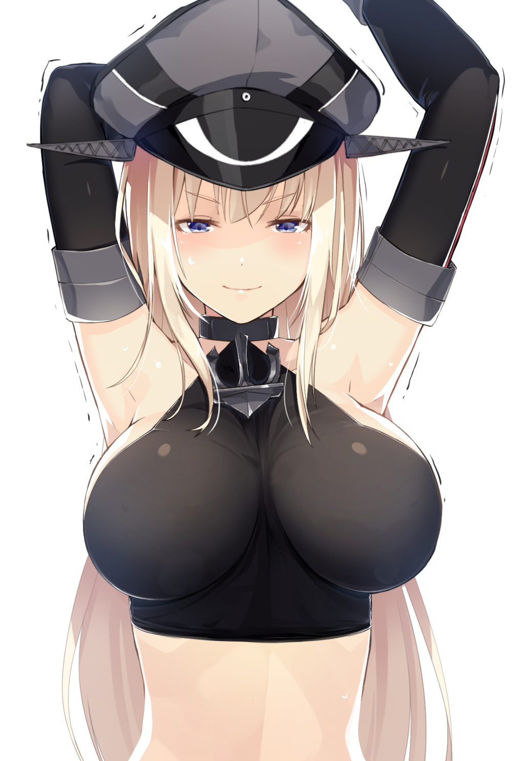 1girl anchor armpits arms_up bismarck_(kantai_collection) black_gloves black_halter_top blonde_hair blue_eyes breasts choker cleavage commentary_request detached_sleeves elbow_gloves embarrassed gloves halter_top halterneck hat highres kantai_collection kriegsmarine large_breasts long_hair meth_(emethmeth) midriff military_hat peaked_cap smile solo sweatdrop tight_top uniform upper_body white_background