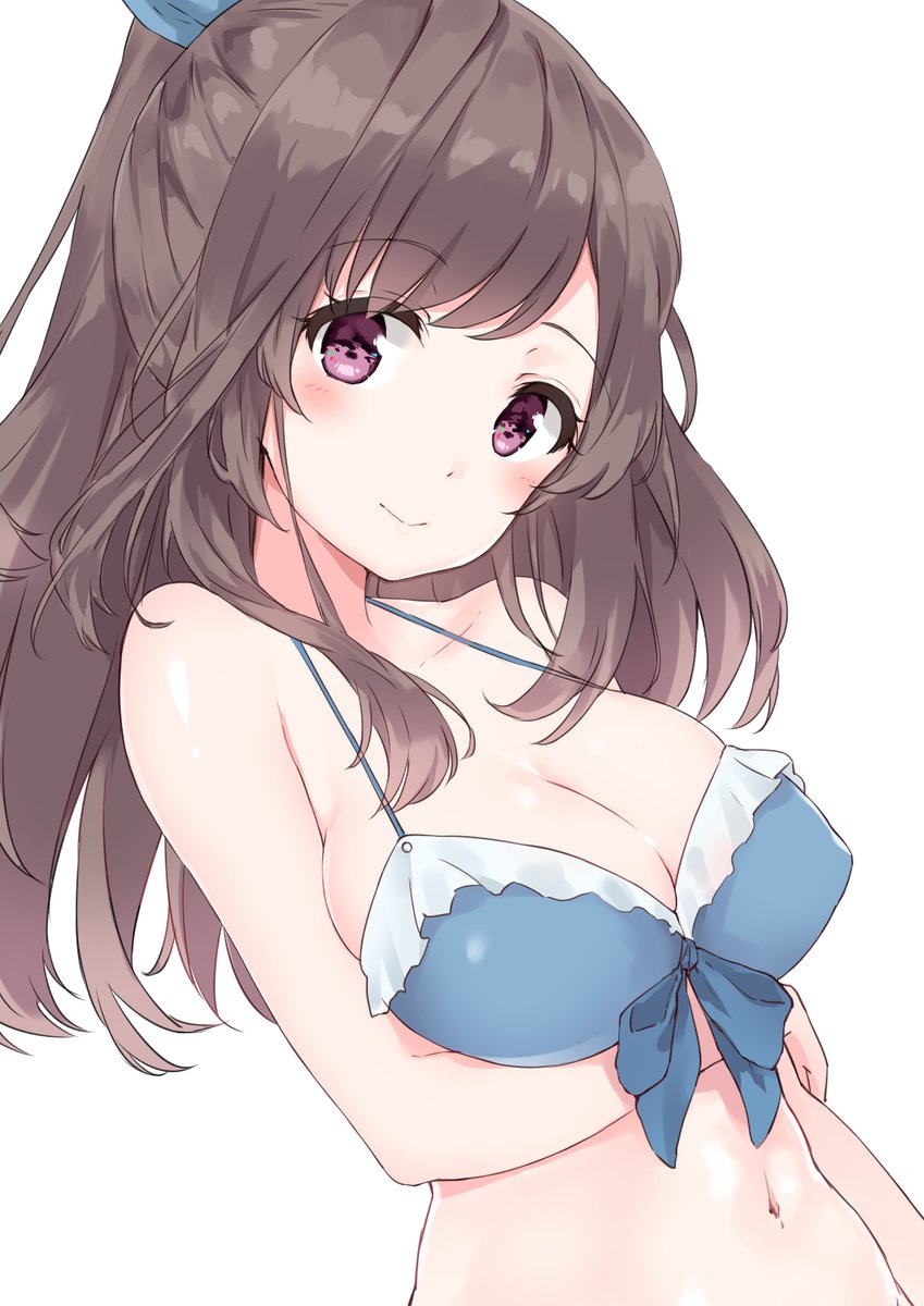 1girl bangs bikini bikini_top blue_bikini blue_ribbon blush breast_hold breasts brown_hair cleavage closed_mouth eyebrows_visible_through_hair frilled_bikini frills front-tie_bikini front-tie_top hair_ribbon head_tilt highres idolmaster idolmaster_shiny_colors large_breasts long_hair looking_at_viewer medium_breasts minikon navel parted_bangs ponytail ribbon sidelocks simple_background smile solo swimsuit tsukioka_kogane upper_body violet_eyes white_background wide_ponytail