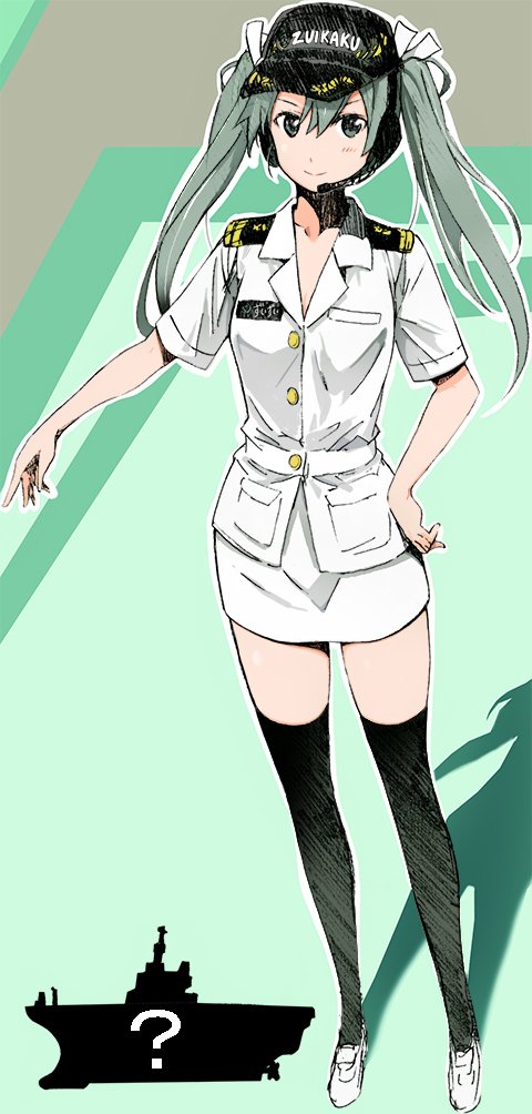 1girl ? epaulettes hat headphones kantai_collection long_hair military military_uniform naval_uniform skirt solo thigh-highs uniform yoshinaga_yunosuke zuikaku_(aircraft_carrier) zuikaku_(kantai_collection)