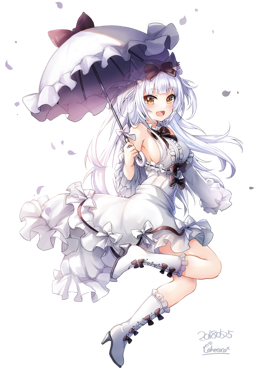 1girl :d animal_ears azur_lane bangs bare_shoulders black_bow blush boots bow breasts brown_eyes cat_ears center_frills cokecoco commentary_request dated dress eyebrows_visible_through_hair fang frills hair_bow highres holding holding_umbrella knee_boots long_hair medium_breasts off-shoulder_dress off_shoulder open_mouth sideboob signature silver_hair simple_background smile solo umbrella very_long_hair white_background white_bow white_dress white_footwear white_umbrella yukikaze_(azur_lane)
