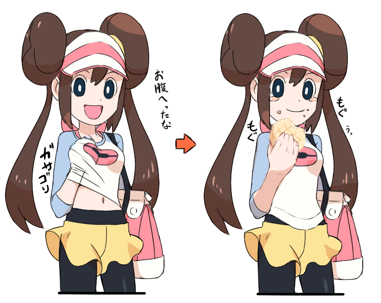 1girl :d bag bangs black_legwear blue_eyes bread breasts bright_pupils brown_hair closed_mouth cowboy_shot directional_arrow double_bun eating food food_on_face hair_between_eyes handbag legs_apart long_hair long_sleeves medium_breasts mei_(pokemon) melon_bread navel nyonn24 open_mouth pantyhose pantyhose_under_shorts pokemon pokemon_(game) pokemon_bw2 raglan_sleeves shorts simple_background smile solo standing stomach tears translated twintails visor_cap white_background white_pupils yellow_shorts