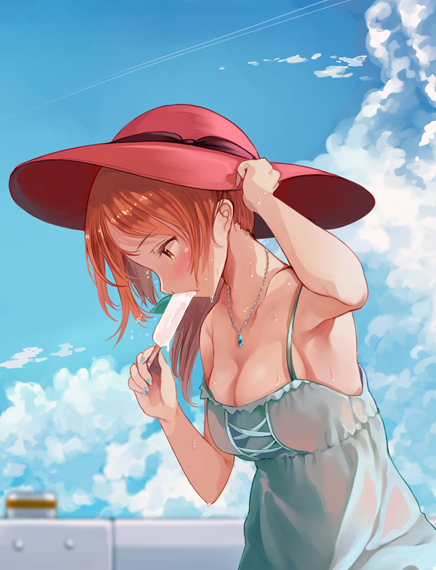 1girl arm_up armpits bangs blue_dress blurry blush breasts cleavage clouds cloudy_sky commentary_request depth_of_field dress dripping food from_side hat heri hot houjou_karen idolmaster idolmaster_cinderella_girls jewelry leaning_forward long_hair medium_breasts melting nail_polish necklace orange_eyes orange_hair popsicle profile red_hat sky solo sweat sweating upper_body