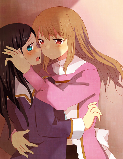 2girls bangs black_hair blue_eyes blush closed_mouth couple dress embarrassed eyebrows_visible_through_hair female gradient gradient_background hachiko_(hati12) highres hug imminent_kiss light_brown_hair long_hair long_sleeves looking_at_another looking_at_viewer looking_back multiple_girls my-otome natsuki_kruger open_mouth pink_dress red_eyes shade shizuru_viola shy sidelocks smile standing swept_bangs yuri