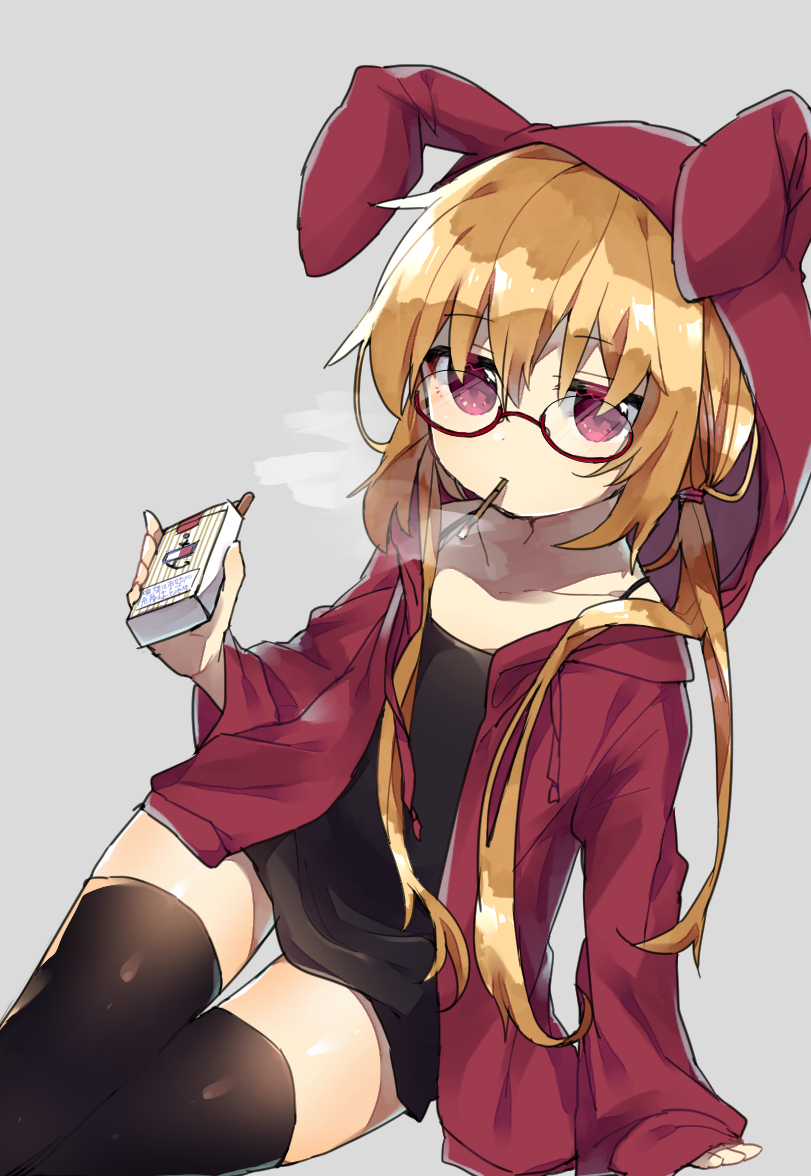 1girl animal_ears blonde_hair cigarette eyebrows_visible_through_hair glasses grey_background hood hoodie long_hair looking_at_viewer okada-san original rabbit_ears red_eyes simple_background smoke smoking solo thigh-highs twintails