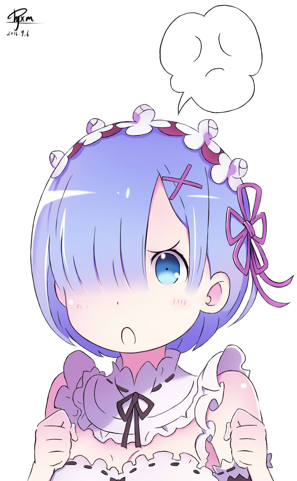 1girl anger_vein artist_name bangs bare_shoulders black_ribbon blue_eyes blue_hair blunt_bangs blush breasts cleavage clenched_hands commentary_request dated dyxm frilled_sleeves frills hair_ornament hair_ribbon head_wreath highres open_mouth purple_ribbon re:zero_kara_hajimeru_isekai_seikatsu rem_(re:zero) ribbon simple_background solo thought_bubble white_background x_hair_ornament