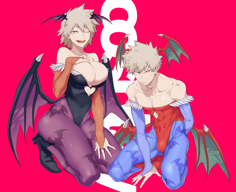 1boy 1girl ;d abs animal_print argyle_cutout arm_support bakugou_katsuki bakugou_mitsuki bare_shoulders bat_print bat_wings black_footwear black_leotard blue_legwear boku_no_hero_academia breasts bridal_gauntlets bulge cleavage cosplay crossdressinging full_body grey_hair hand_on_own_chest head_wings heart_cutout impossible_clothes kneeling large_breasts leotard lilith_aensland lilith_aensland_(cosplay) looking_at_viewer low_wings maneki-neko_(fujifuji) morrigan_aensland morrigan_aensland_(cosplay) mother_and_son muscle one_eye_closed open_mouth pantyhose print_legwear purple_legwear red_background red_eyes red_footwear red_leotard sanpaku smile spikes spiky_hair strapless strapless_leotard sweatdrop thighs vampire_(game) wings