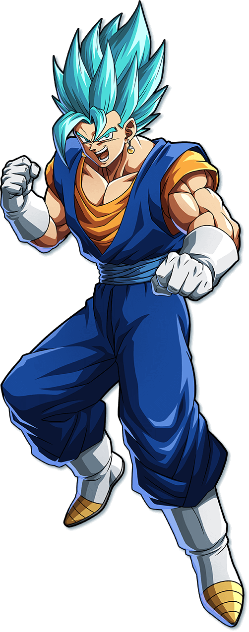 1boy blue_eyes blue_hair boots clenched_hands dougi dragon_ball dragon_ball_fighterz dragonball_z earrings fighting_stance fusion gloves highres jewelry muscle official_art open_mouth potara_earrings solo spiky_hair super_saiyan super_saiyan_blue vegetto white_footwear