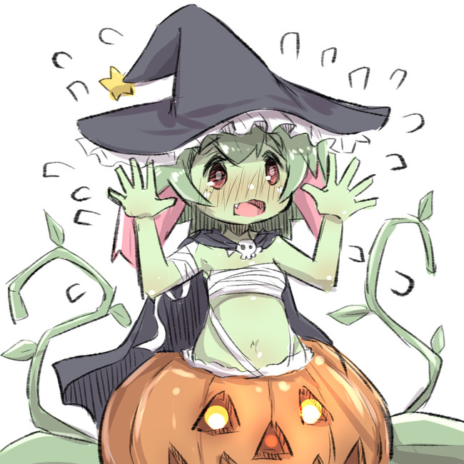 1girl arms_up bandage bandaged_arm bangs bare_arms bare_shoulders black_cape black_hat blush breasts cape eyebrows_visible_through_hair flying_sweatdrops glowing glowing_eyes green_skin hair_between_eyes hat jack-o'-lantern nose_blush original plant_girl red_eyes sarashi sidelocks skull small_breasts solo star u-non_(annon'an) witch_hat