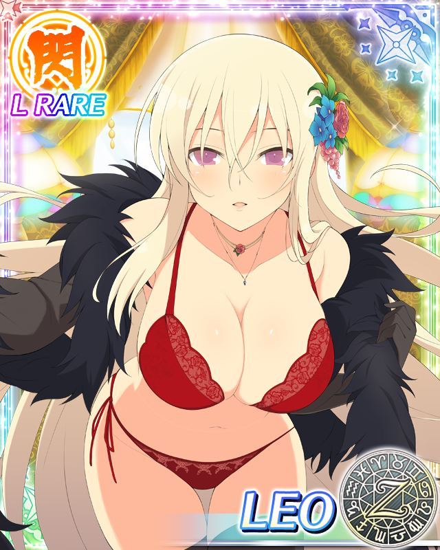 1girl blonde_hair bra breasts card_(medium) character_name cleavage flower gloves hair_flower hair_ornament jewelry large_breasts leaning_forward leo_(senran_kagura) long_hair looking_at_viewer navel official_art open_mouth panties pendant red_bra red_panties senran_kagura_(series) senran_kagura_new_wave solo trading_card underwear very_long_hair violet_eyes yaegashi_nan