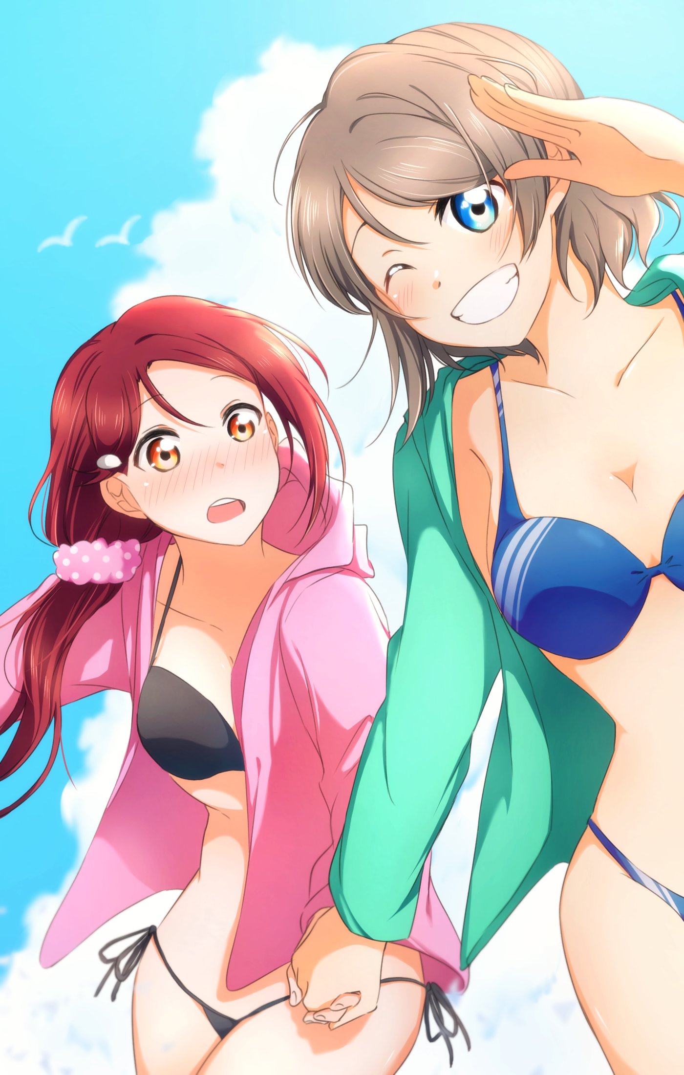 2girls bikini black_bikini blue_bikini blue_eyes blush collarbone green_jacket grey_hair grin hair_ornament hair_over_shoulder hairclip hand_holding highres hood hood_down hooded_jacket jacket long_hair long_sleeves looking_at_another looking_at_viewer love_live! love_live!_sunshine!! low-tied_long_hair multiple_girls nose_blush one_eye_closed outdoors pink_jacket pink_scrunchie polka_dot polka_dot_scrunchie redhead sakurauchi_riko salute scrunchie short_hair side-tie_bikini smile swimsuit watanabe_you yellow_eyes yuchi_(salmon-1000)