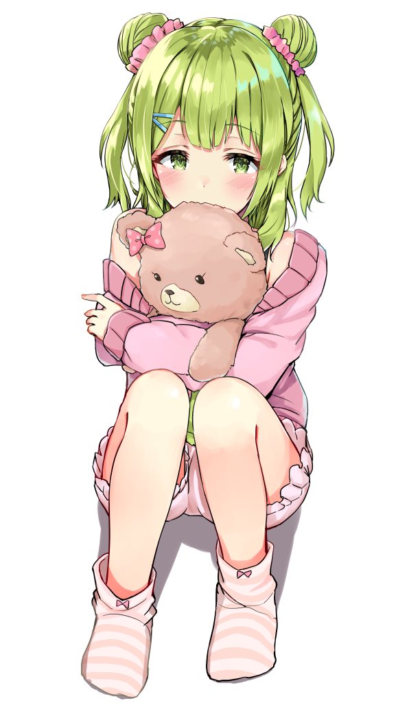 1girl blush commentary double_bun green_eyes green_hair hair_ornament hair_scrunchie holding holding_stuffed_animal medium_hair morinaka_kazaki nijisanji older racchi. scrunchie shoulder sitting socks striped striped_legwear stuffed_animal stuffed_toy teddy_bear thighs virtual_youtuber