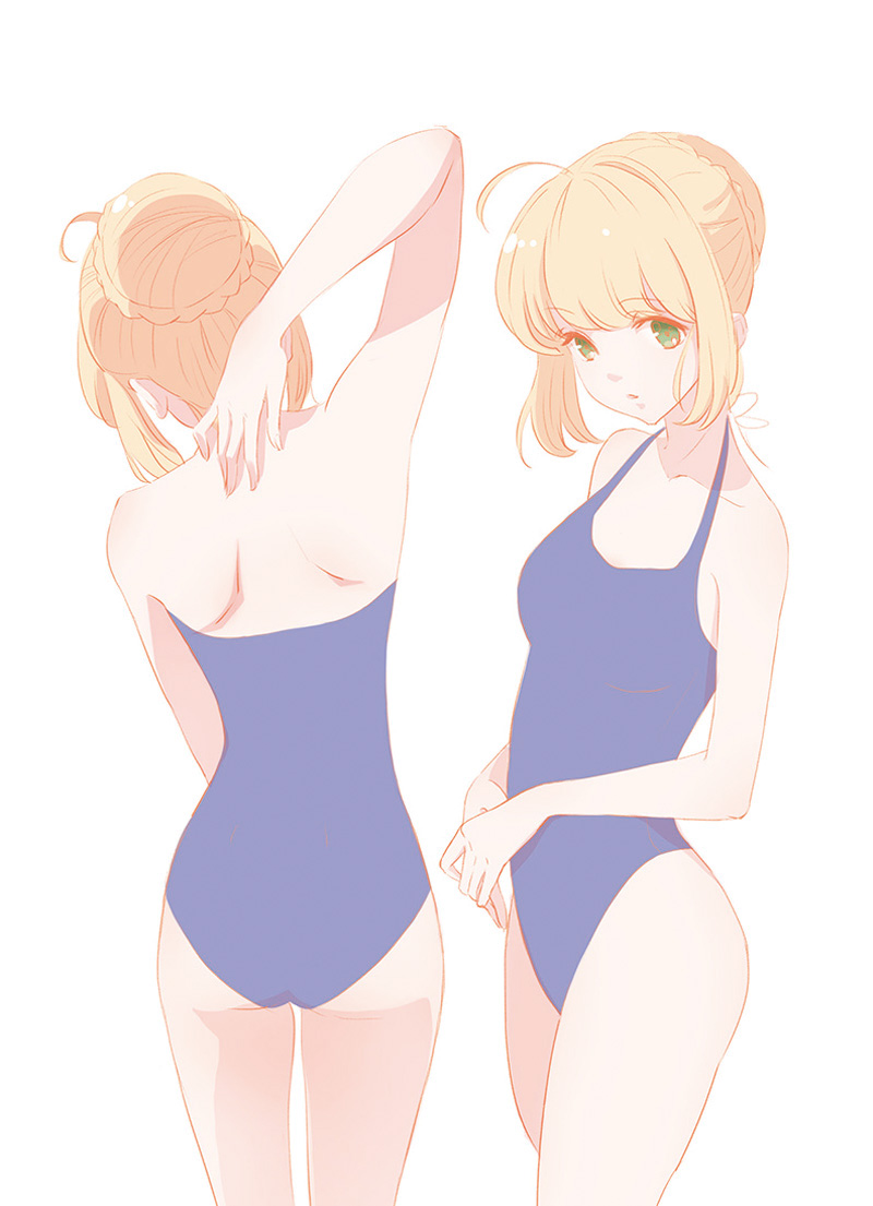 1girl ahoge arm_up artoria_pendragon_(all) ass back blonde_hair blue_swimsuit braid facing_away fate_(series) green_eyes hair_bun hair_up halterneck multiple_views saber standing swimsuit thighs zdl_xiaobai