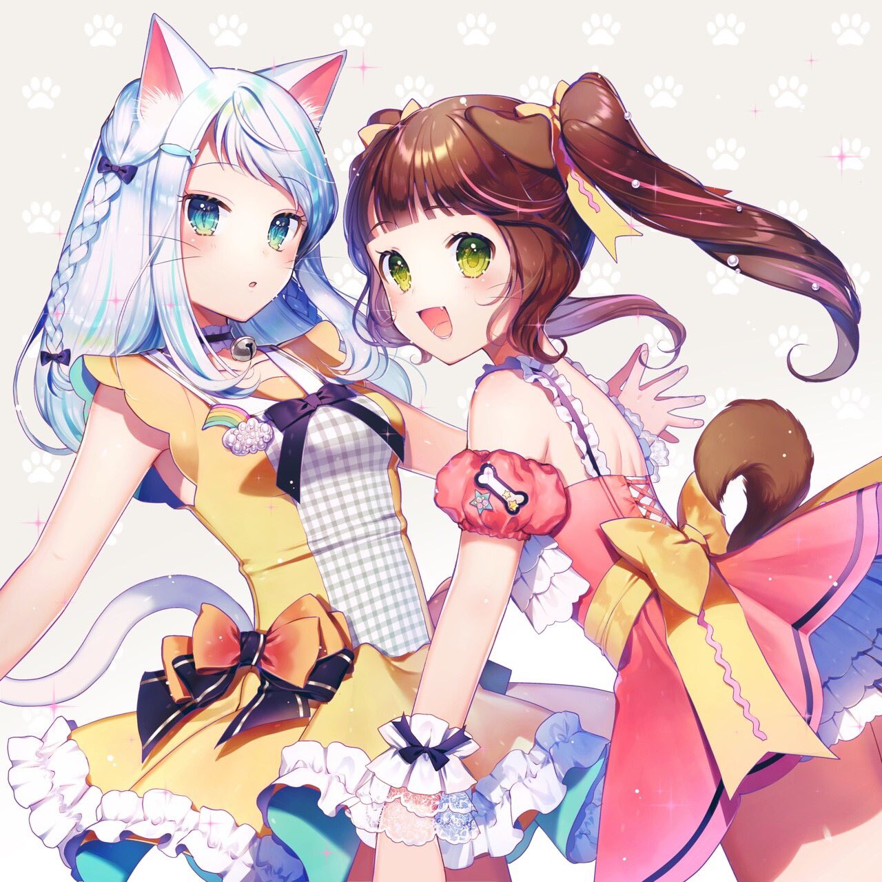 2girls animal_ears aqua_eyes bow brown_hair cat_ears cat_tail copyright_request dog_ears dog_tail dress fang green_eyes highres long_hair momoshiki_tsubaki multiple_girls orange_bow paw_background pink_dress purple_bow silver sleeveless slit_pupils smile tail twintails whiskers yellow_bow yellow_dress