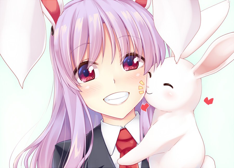 1girl ^_^ animal animal_ears black_jacket blazer blush bunny_tail closed_eyes commentary_request eyebrows_visible_through_hair gradient gradient_background green_background grin heart holding holding_animal jacket kiss_day kue looking_at_viewer necktie portrait purple_hair rabbit rabbit_ears red_eyes red_neckwear reisen_udongein_inaba shirt sidelocks smile solo tail touhou white_background white_shirt wing_collar