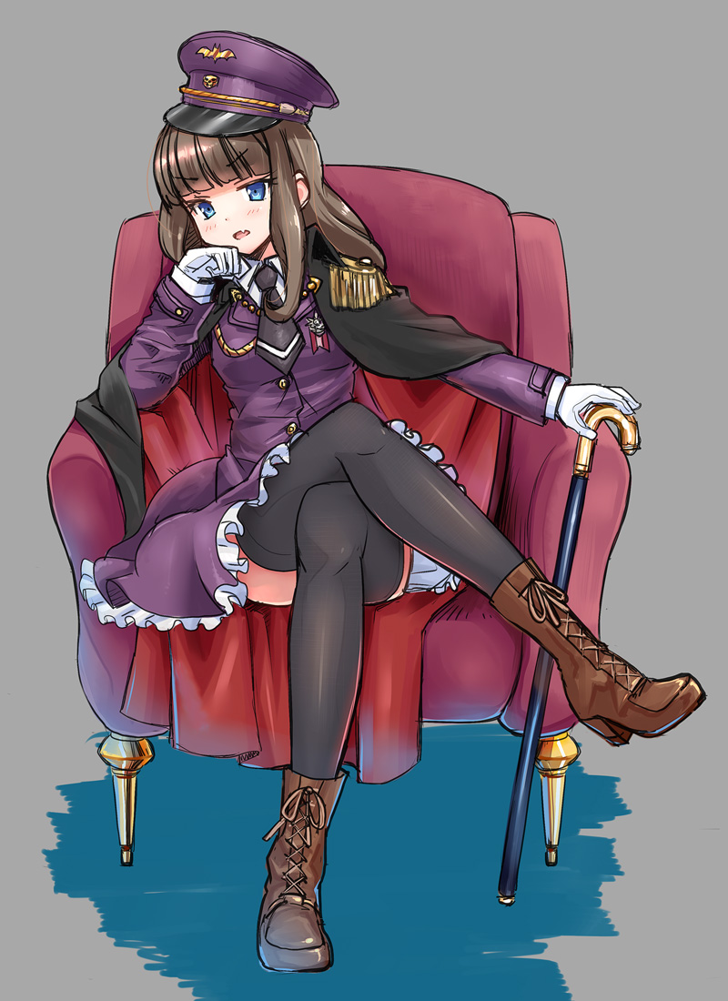 1girl armchair bangs black_cape black_legwear black_neckwear blue_eyes blunt_bangs blush boots brown_footwear brown_hair cane cape chair collared_shirt commentary_request cross-laced_footwear eyebrows_visible_through_hair fang gloves grey_background hand_on_cane hat head_tilt jacket kurosu_aroma lace-up_boots legs_crossed long_hair long_sleeves looking_at_viewer military_hat military_jacket multicolored multicolored_cape multicolored_clothes necktie okiru open_mouth peaked_cap pripara purple_hat purple_jacket purple_skirt red_cape shirt short_necktie skirt solo thigh-highs v-shaped_eyebrows white_gloves white_shirt