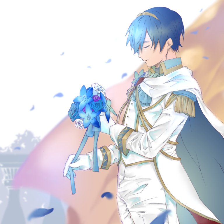 1boy artist_request closed_eyes fire_emblem fire_emblem:_mystery_of_the_emblem fire_emblem_heroes flower formal gloves groom jewelry male_focus marth short_hair smile solo suit tiara tuxedo weapon