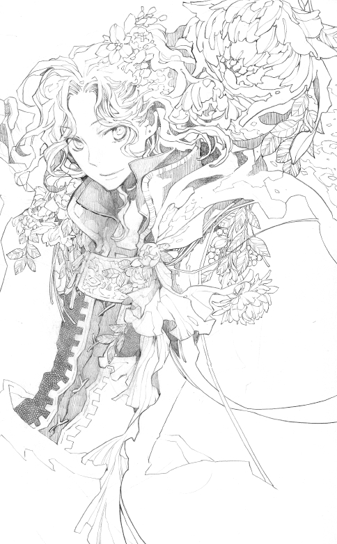 aki_(crc-uni) androgynous closed_mouth earrings flower hair_flower hair_ornament jewelry light_smile looking_at_viewer monochrome original short_hair solo stud_earrings