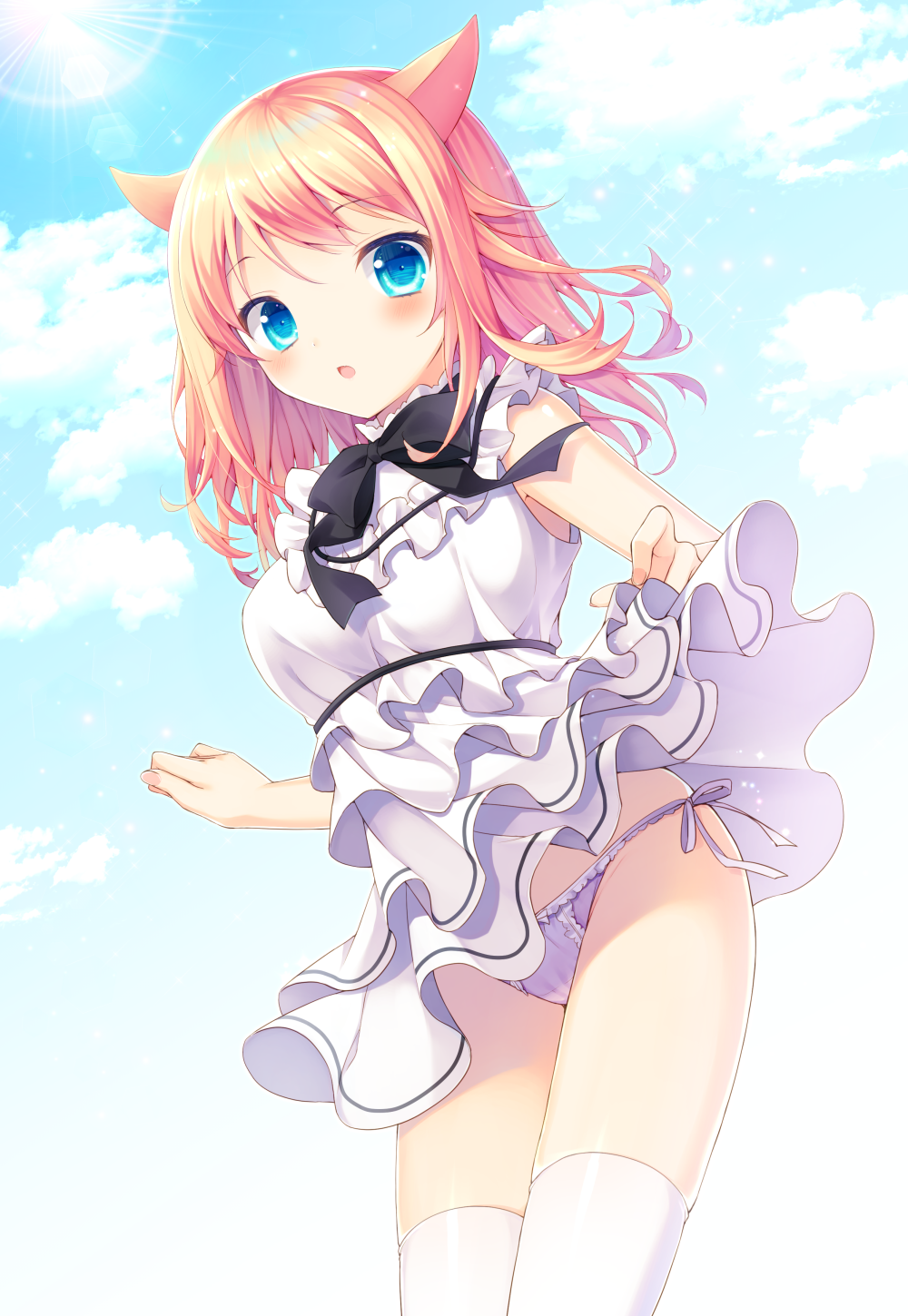 1girl animal_ears bangs bare_arms bare_shoulders black_bow blonde_hair blue_eyes blue_sky blush bow bow_panties breasts cat_ears chestnut_mouth clouds commentary_request day dress eyebrows_visible_through_hair final_fantasy final_fantasy_xiv fingernails highres long_hair looking_at_viewer medium_breasts minatsuki_alumi miqo'te outdoors panties parted_lips purple_panties side-tie_panties sky sleeveless sleeveless_dress solo sunlight thigh-highs underwear white_dress white_legwear