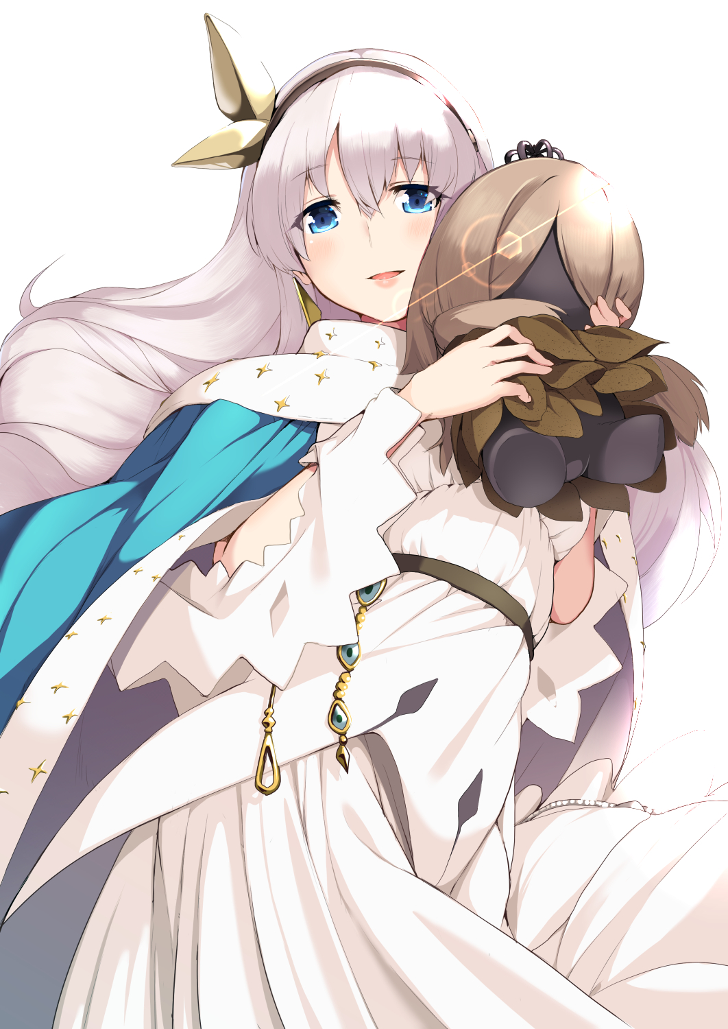 1girl anastasia_(fate/grand_order) blue_eyes blush crown dress eyebrows_visible_through_hair fate/grand_order fate_(series) grey_hair hair_between_eyes hair_ornament hairband highres holding leaf_hair_ornament long_hair mini_crown nejime royal_robe solo very_long_hair white_dress