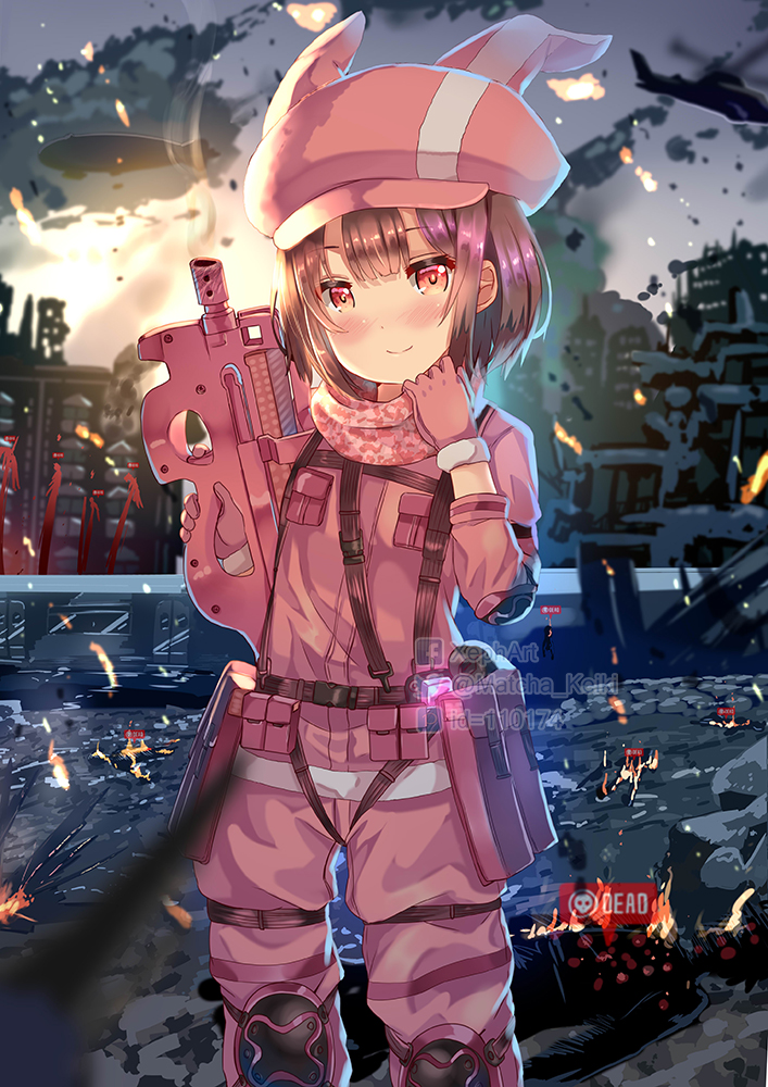 1girl aircraft airplane airship animal_hat bandanna blush building bullpup bunny_hat camouflage closed_mouth clouds commentary_request corpse fire fur-trimmed_gloves fur_trim gameplay_mechanics gloves ground_vehicle gun hat head_tilt holding holding_gun holding_weapon jacket llenn_(sao) looking_at_viewer nose_blush outdoors p-chan_(p-90) p90 pants pink_bandana pink_gloves pink_hat pink_jacket pink_pants red_eyes ruins sky skyscraper smile smoke solo submachine_gun sword_art_online sword_art_online_alternative:_gun_gale_online train weapon xephonia