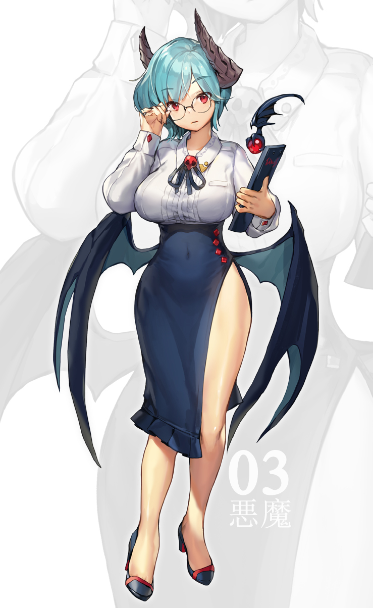 1girl adjusting_eyewear bangs blue_hair breasts covered_navel eyebrows_visible_through_hair full_body glasses hand_up high_heels highres horns large_breasts office_lady original red_eyes short_hair solo standing whoisshe wings zoom_layer