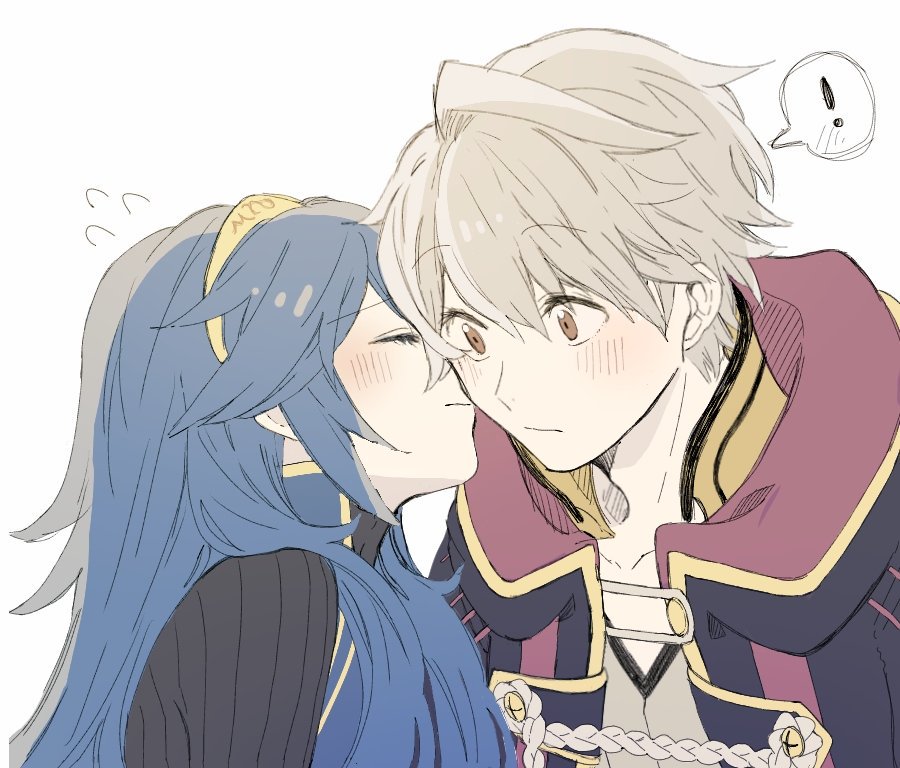 1boy 1girl blue_hair blush cape closed_eyes couple fire_emblem fire_emblem:_kakusei hood jewelry kiss long_hair lucina male_my_unit_(fire_emblem:_kakusei) my_unit_(fire_emblem:_kakusei) robe short_hair simple_background smile tiara white_hair