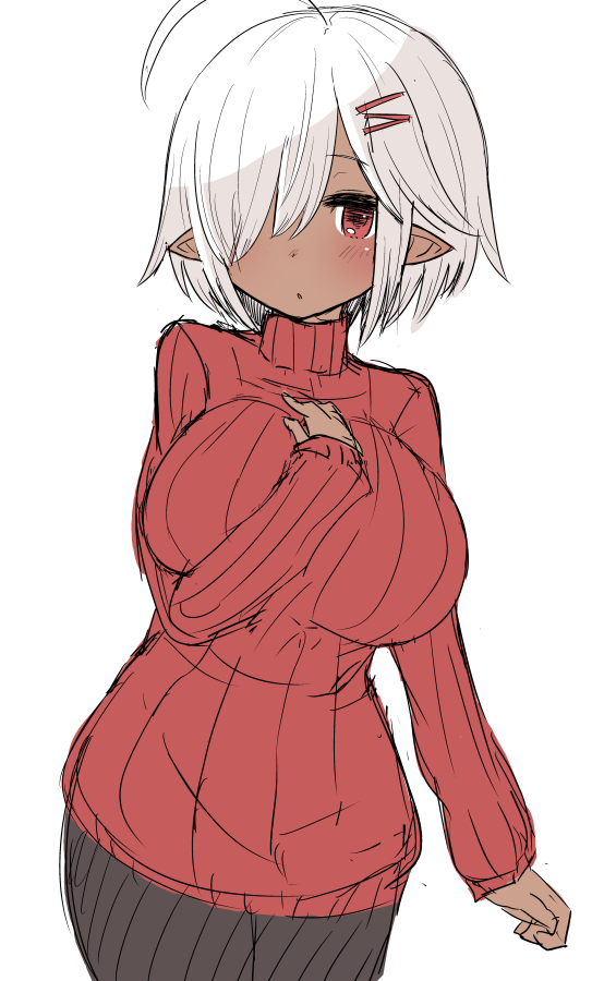 1girl ahoge breasts commentary dark_skin hair_ornament hair_over_one_eye hairclip large_breasts looking_at_viewer malice-chan_(malice_stella) malice_stella original pointy_ears red_eyes red_sweater ribbed_sweater short_hair simple_background sketch solo sweater white_background white_hair