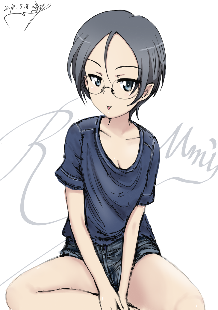 1girl :p artist_name bangs breasts bukkuri casual character_name cleavage closed_mouth commentary cursive dated girls_und_panzer glasses grey_eyes grey_hair grey_shirt grey_shorts indian_style looking_at_viewer medium_breasts rimless_eyewear rumi_(girls_und_panzer) shirt short_hair short_shorts shorts signature simple_background sitting smile solo swept_bangs t-shirt tongue tongue_out v_arms white_background