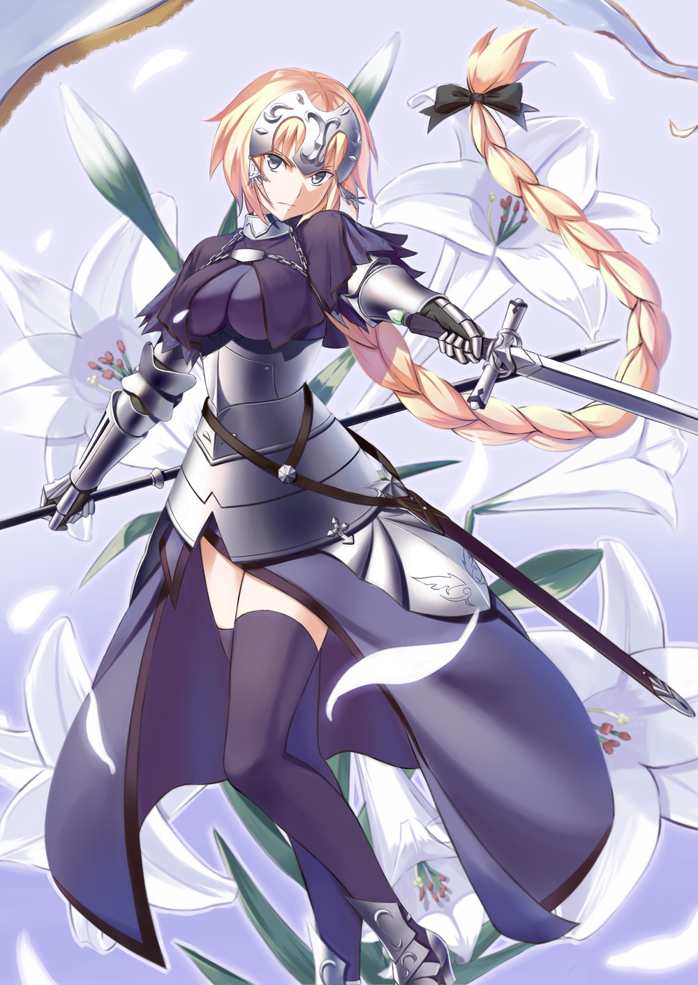 1girl armor armored_boots armored_dress black_ribbon blonde_hair boots braid fate/grand_order fate_(series) flag flagpole flower hair_ribbon headpiece highres holding holding_sword holding_weapon jeanne_d'arc_(fate) jeanne_d'arc_(fate)_(all) lily_(flower) long_braid long_hair purple_legwear ribbon shukuzaki single_braid solo sword thigh-highs very_long_hair violet_eyes weapon