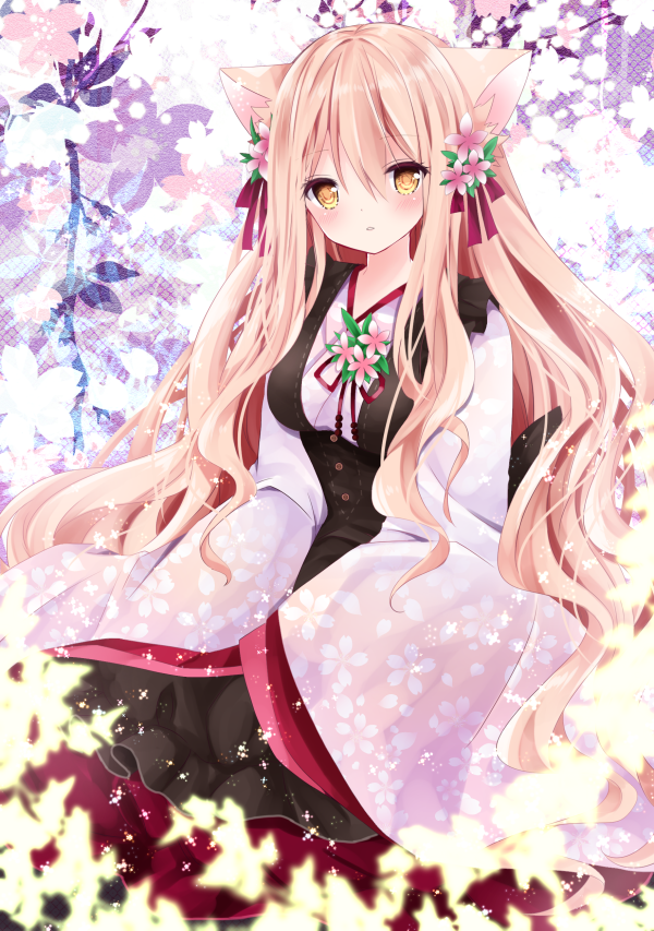 1girl animal_ears bad_id bad_pixiv_id bangs blush bow breasts brown_eyes cat_ears cherry_blossom_print commentary_request eyebrows_visible_through_hair flower hair_between_eyes hair_bow hair_flower hair_ornament head_tilt japanese_clothes kimono light_brown_hair long_hair long_sleeves looking_at_viewer medium_breasts nanase_kureha nanase_nao original parted_lips pink_flower pink_kimono print_kimono purple_bow sleeves_past_fingers sleeves_past_wrists solo very_long_hair wide_sleeves