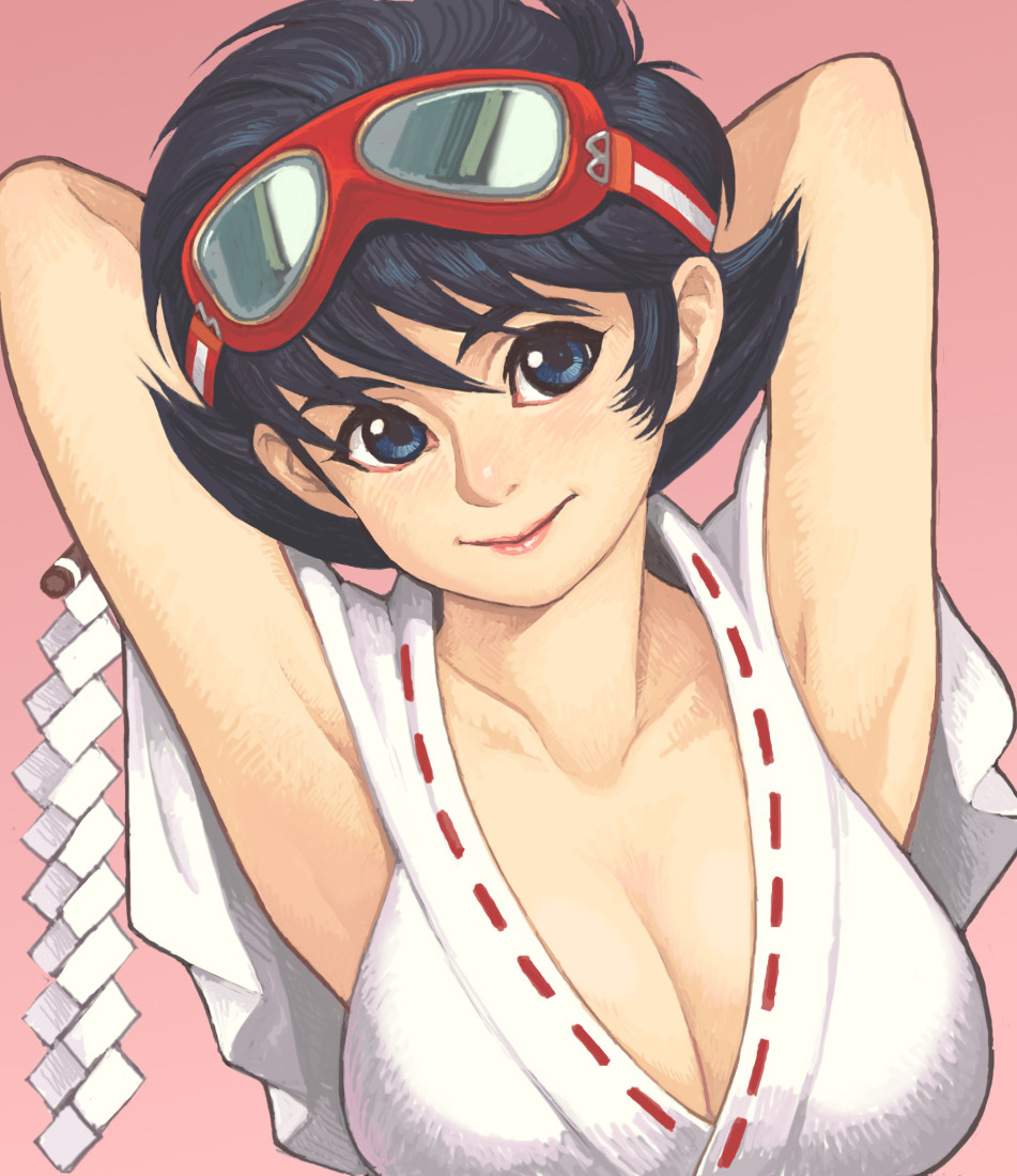 1girl armpits arms_up black_hair blue_eyes breasts cleavage collarbone commentary_request goggles goggles_on_head japanese_clothes koyori large_breasts light_smile lips maou_alba miko sengoku_ace sengoku_blade short_hair solo