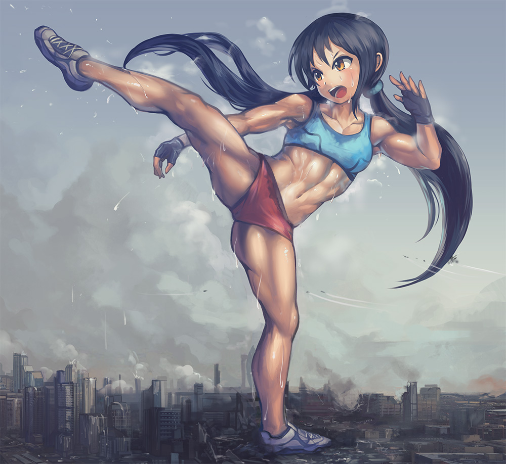 1girl abs breasts building buruma city clouds dripping fingerless_gloves flying_sweatdrops full_body giantess gloves idolmaster idolmaster_cinderella_girls kicking long_hair midriff muscle muscular_female nakano_yuka navel open_mouth shoes sky skyscraper small_breasts sneakers solo sports_bra sweat sweating sweating_profusely twintails wet yilx